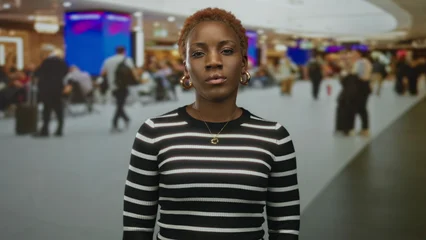 Fotobehang Beren Woman wearing black and white striped sweater and necklace standing with eyes closed at an airport terminal  serenity contemplation.  © Krakenimages.com