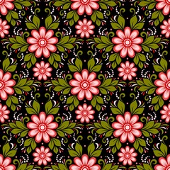 Floral decorative seamless pattern with flowers, swirls, dots, and leaves, red tones, olive color on a black background, floral design element for fabric.