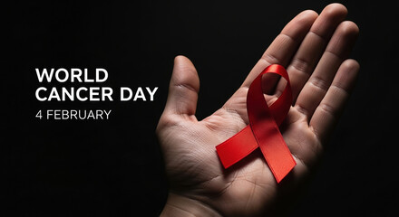 World cancer day 4 february with red ribbon on hand concept of awareness and support for cancer patients and survivors