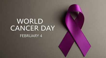 World cancer day february 4 with purple ribbon symbolizing awareness and support for all cancer types