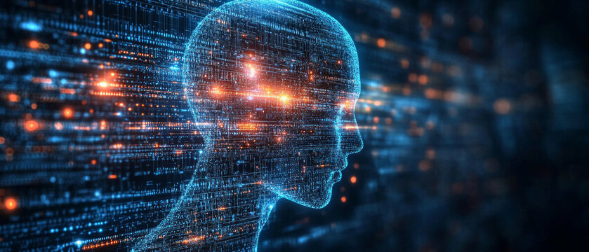 A glowing profile of a human face, composed of digital streams, symbolises innovation and technology, creating a futuristic backdrop for IT conferences or presentations about the future. - Powered by Adobe