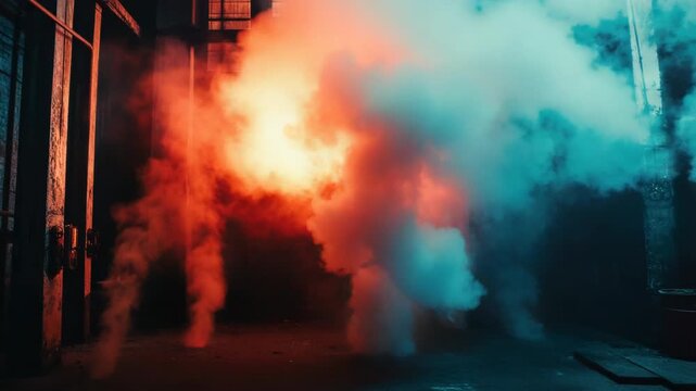 Fire hydrant bursting from building, water and debris everywhere
