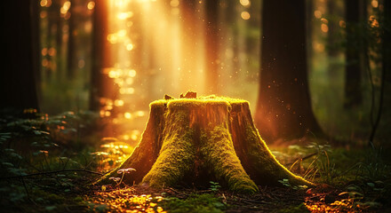 Sunlight illuminates ancient tree stump in mystical forest