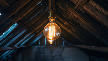 Glowing Edison bulb hangs from wooden ceiling in dark room.