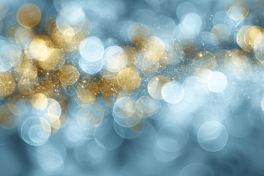 Soft blue bokeh illuminated by radiant golden glimmers, creating a whimsical holiday atmosphere with an area for custom messaging