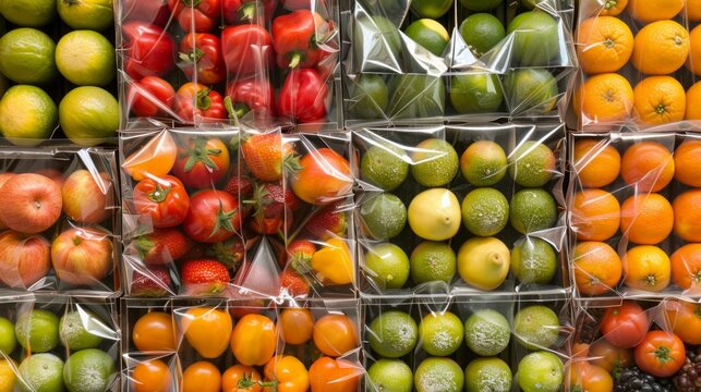 Fresh, film-wrapped fruit and vegetables demonstrate abundance and hygiene, serving as a vibrant backdrop for advertising healthy eating or supermarkets.