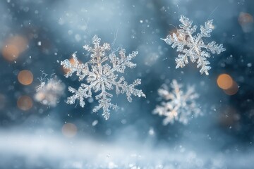 Ethereal transparent snowflakes suspended in mid-air, reflecting soft, diffused light, surrounded by a dreamy, frosty mist, capturing the magic of winter