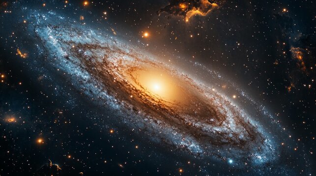 A spiral galaxy with a bright core and star clusters will emphasise the cosmic theme, creating a captivating backdrop for scientific presentations. - Powered by Adobe