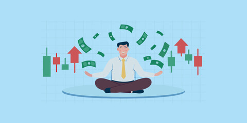 Calm businessman meditating surrounded by falling money and stock charts