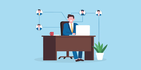 Businessman connecting with colleagues remotely on a laptop