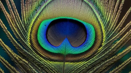 Obraz premium Close-up of a vibrant peacock feather showcasing intricate patterns and iridescent colors.