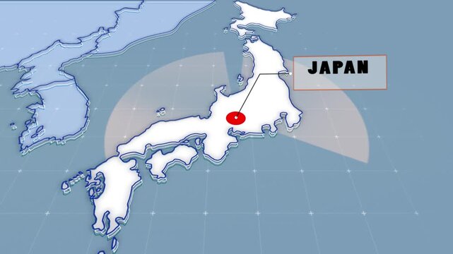 A stylized map highlights Japan in white with bold outlines. A red marker points to a central location on the main island, and a labeled box reading &ldquo;JAPAN&rdquo; appears on the right. 