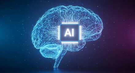 Glowing blue digital brain with A I chip on dark background artificial intelligence
