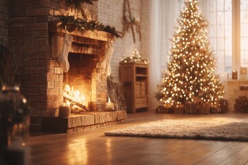Cozy living room with a warm fireplace, decorated Christmas tree, and wooden podium, soft lighting creating a festive atmosphere