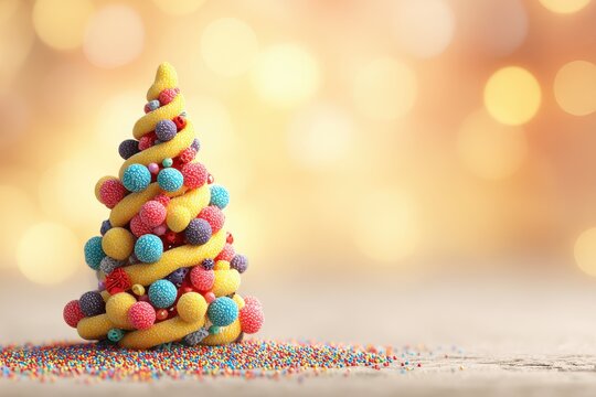 A vibrant 3D Christmas tree adorned with colorful ornaments, set against a cheerful backdrop, warm lighting creating a joyful atmosphere