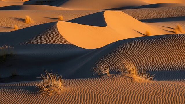 Golden Hour Serenity - A Desert Landscape of Rolling Sand Dunes.