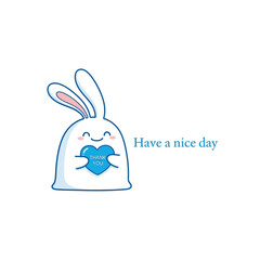 Vector illustration of cute bunny holding a heart with thank you message isolated on