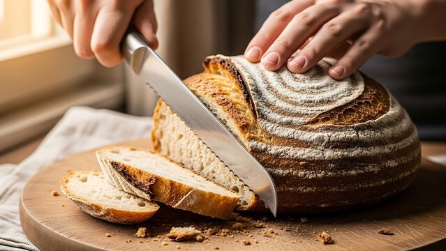 Slicing Freshly Baked Sourdough Bread on Wooden Board. - Powered by Adobe