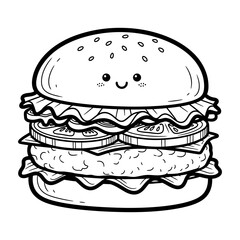 Cute Cartoon Hamburger Line Art Illustration with Happy Face