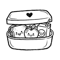 Cute Hand-Drawn Kawaii Lunchbox with Happy Food and Drink Characters
