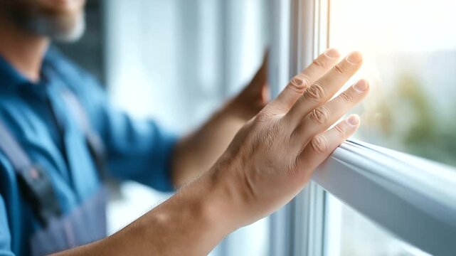 Worker hands installing new plastic PVC defocused window, faceless installation process, fitting visualization detail, blurred construction background, modern window concept, insta