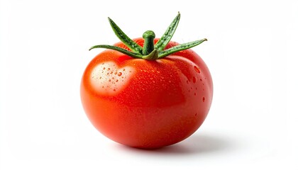 Ripe Red Tomato with Green Stem and Water Droplets on White Background Close Up Isolated Fresh Vegetable Studio Shot