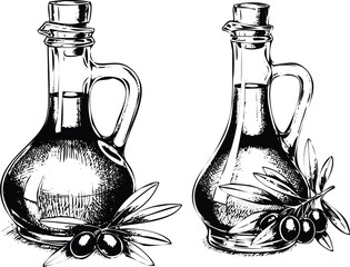 Olive oil bottles sketch with fresh olive branches and fruit icon