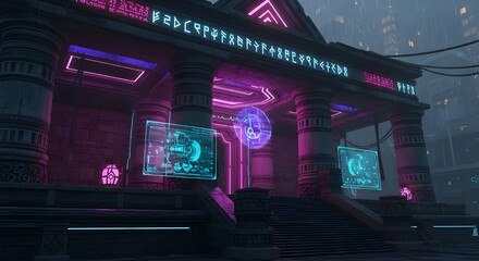 Cyberpunk Neon Temple – Ancient Architecture Reimagined in Futuristic Style