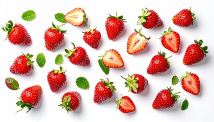 Ripe Strawberries on White Fresh Background Overhead View Bright Studio Shot Red Berries Healthy Diet Vitamin C Antioxidants Summer Fruits Ingredient Pattern