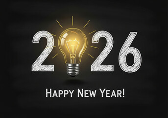 Happy new year 2026 message on black chalkboard background, bright glowing light bulb replacing number zero in 2026