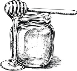 Line art style drawing of a honey dipper dripping into empty jar
