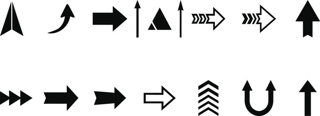 Set of black arrow illustrations on white background for design