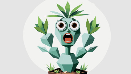 Cartoon cactus character with big eyes and surprised expression in a pot