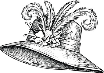 Vintage fashion hat with feathers and flowers hand drawn sketch