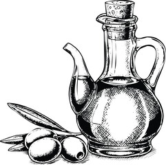 Olive oil cruet with fresh olives and leaves hand drawn illustration