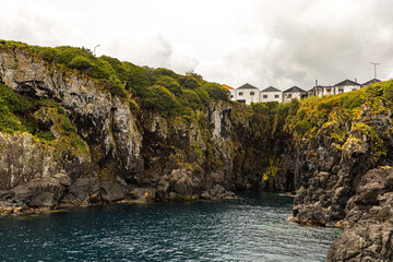 Cliff view of the Fabrica da Baleia do Boqueirao Museum in Santa Cruz das Flores, Azores Portugal