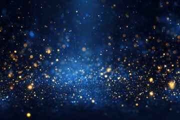 Sparkling blue festive background with abstract golden particles, soft lighting creating a magical atmosphere, perfect for vibrant seasonal promotions