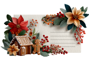 Gingerbread house illustration with festive flowers and berries, featuring a blank card for personalized messages and holiday greetings. transparent background, isolated image