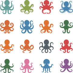 Vibrant octopus icon collection with diverse designs and colors