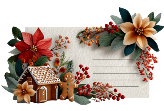 Gingerbread house illustration with festive flowers and berries, featuring a blank card for personalized messages and holiday greetings. transparent background, isolated image