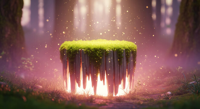 Enchanted forest altar with glowing moss and mystical light