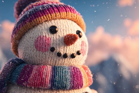 A friendly snowman adorned with a vibrant scarf poses playfully in a winter wonderland, bathed in soft, golden sunset light, creating a joyful atmosphere