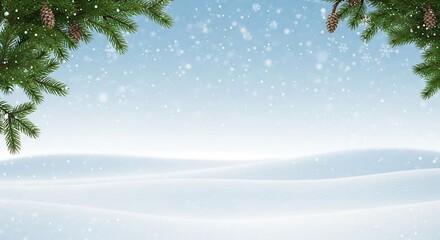 Christmas holiday background template with soft blue sky, gentle snowfall, and natural framing by snow-dusted conifer limbs