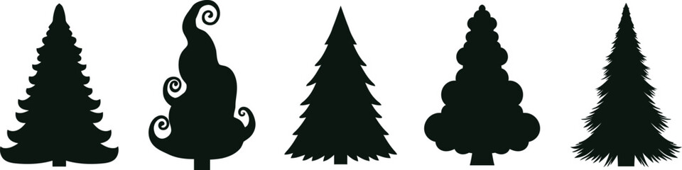 Diverse collection of evergreen tree silhouettes on a white background