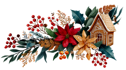 Gingerbread house surrounded by festive holiday foliage, including red poinsettias, pinecones, and winter berries, creating a warm seasonal atmosphere  transparent background, isolated image