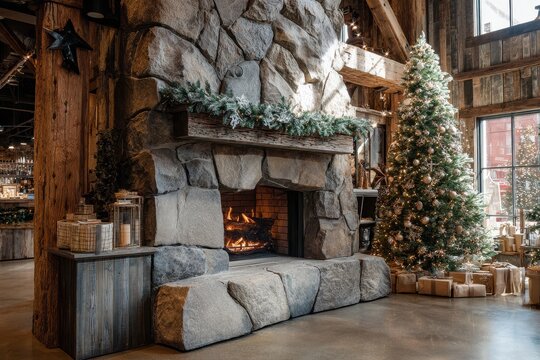 Rustic interior featuring a crackling fireplace, adorned Christmas tree, and wooden display podium, inviting ambiance with gentle illumination