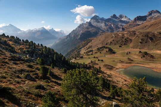 Ausblick auf die Region Spl&uuml;gen im Hinterrheintal in Graub&uuml;nden in der Schweiz