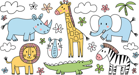 safari animals Cute cartoon set for children's designs and decor