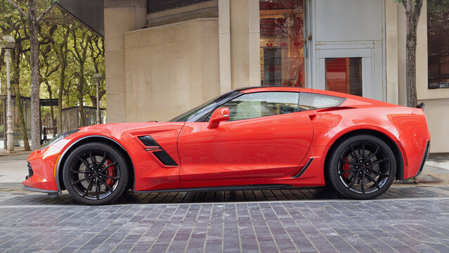 San Sebastian, Spain-September 20, 2025: 2017 Chevrolet Corvette (C7) Grand Sport (Z15), side view