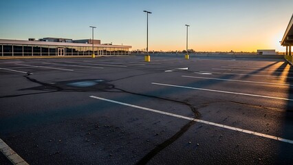 Empty Parking Lot at Sunrise with Building in Background.